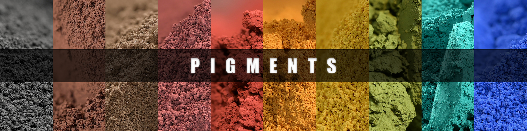 Colorful assortment of powdered pigments in various shades, arranged side by side in small piles.