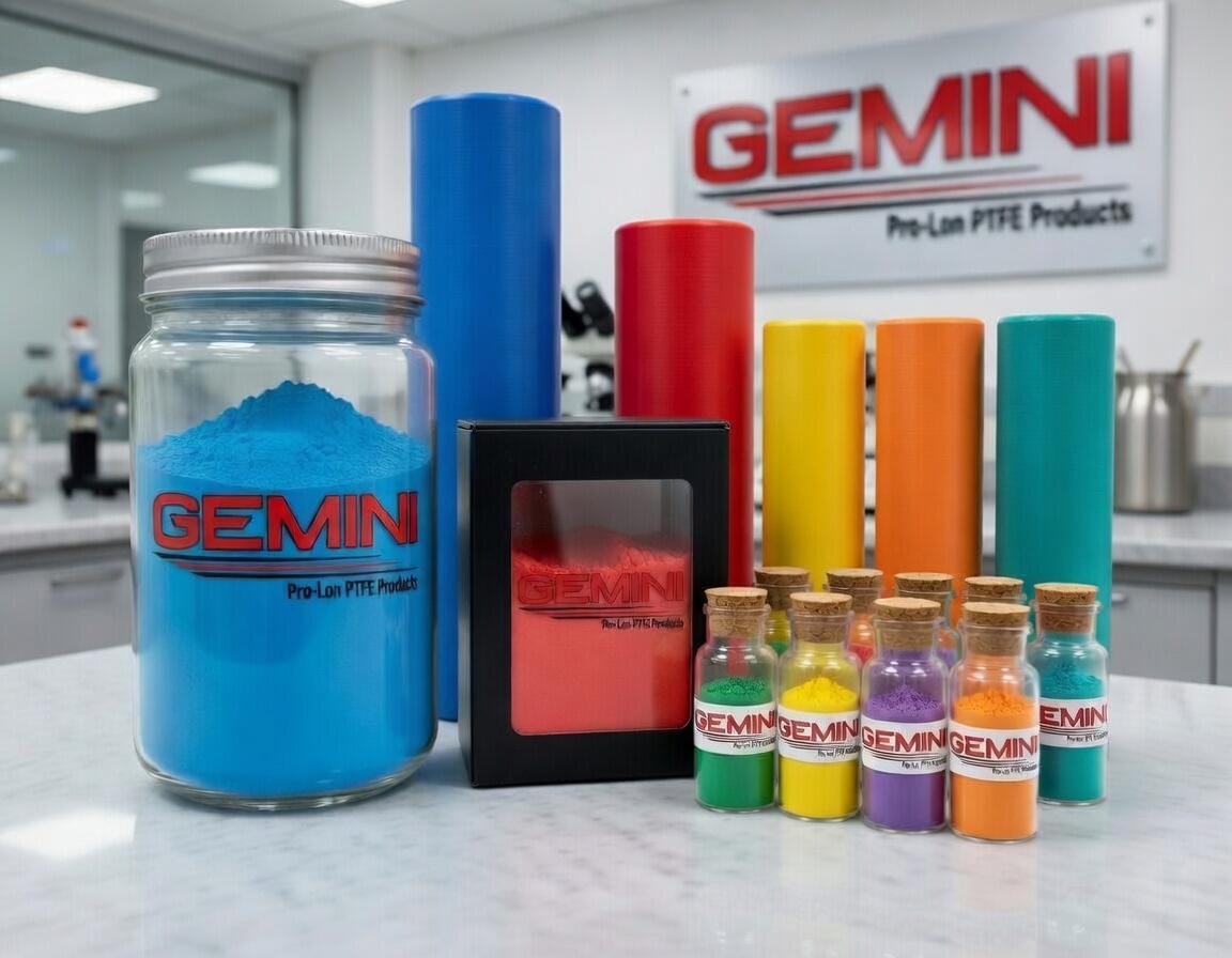 Colorful PTFE resin powders in glass jars next to matching color-coded PTFE cylinders.