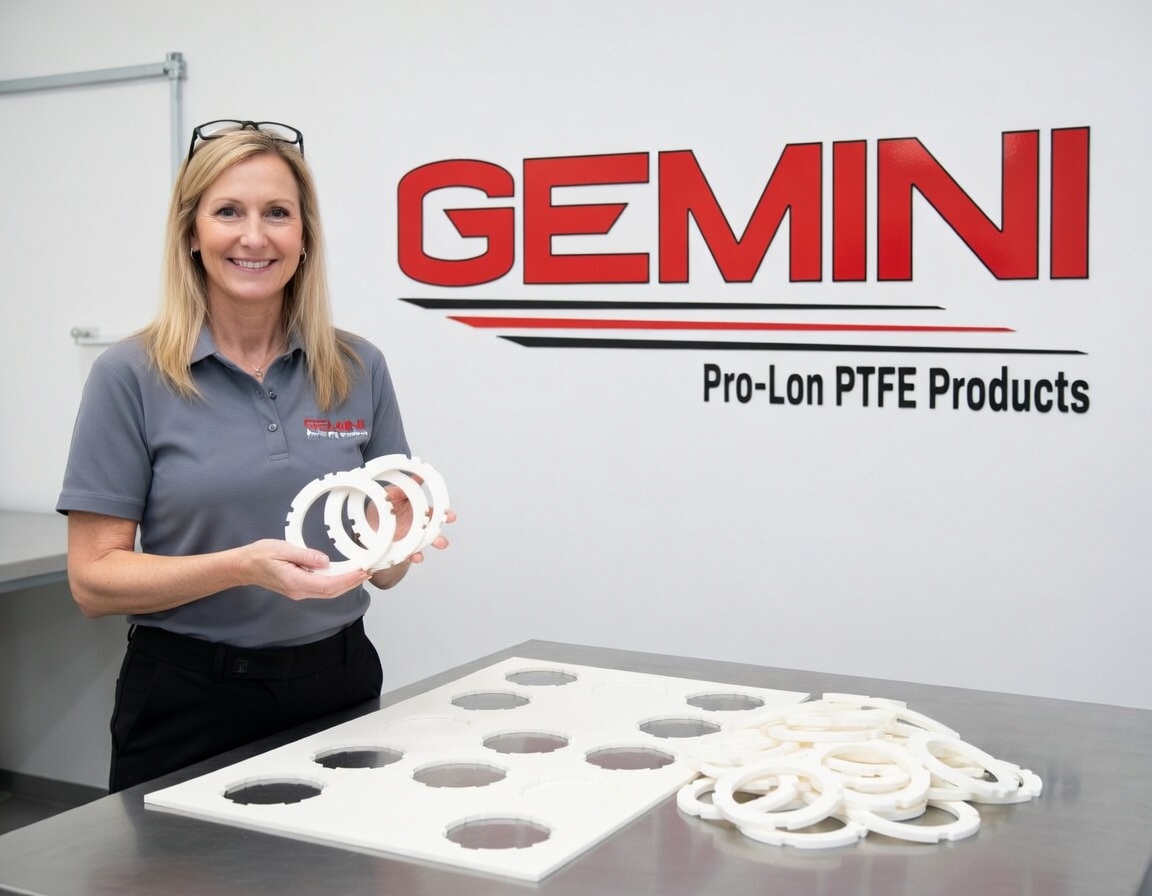A specialist holding CNC-machined PTFE gaskets next to the source slab.