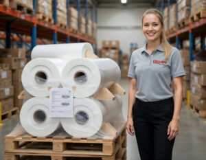 Large industrial rolls of white PTFE film stored on a pallet in a warehouse.