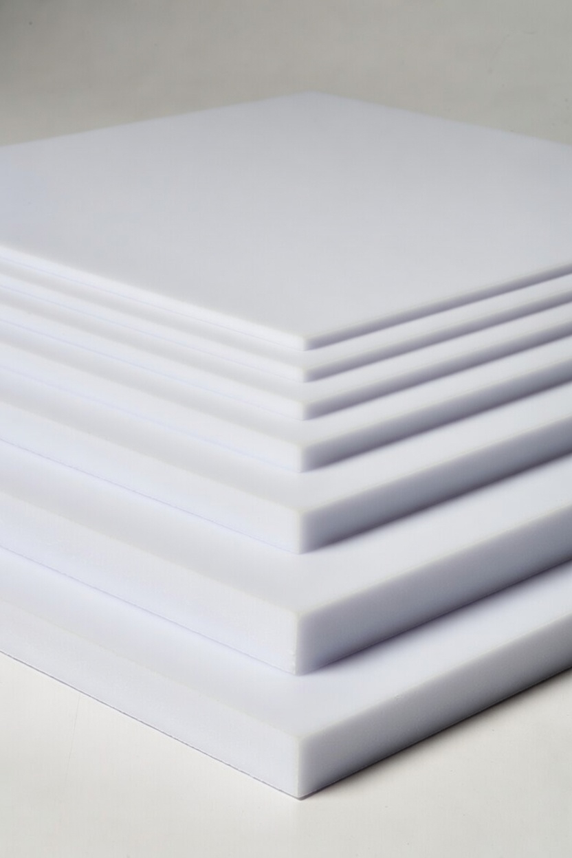 Industrial-grade white PTFE slabs in various thicknesses stacked for machining.